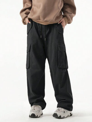 ROMWE MEN Street Life بنطلون بطي سكبارة جانبية، خصر بسحاب ، كارجو متسع، مدرسي