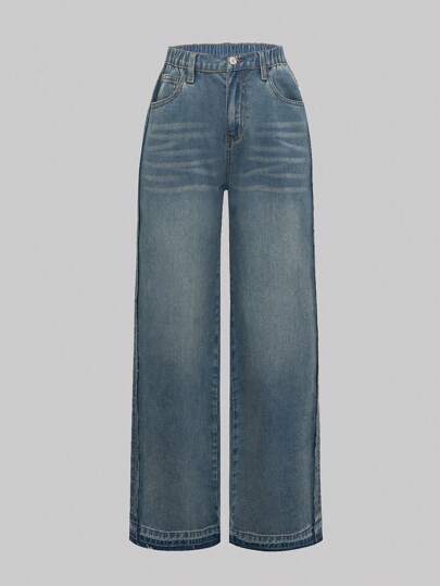 SHEIN بنطال جينز مُستقيم الساق بخط خام مغسول مناسب للفتيات المراهقات بقصّة أنيقة وكاجوال