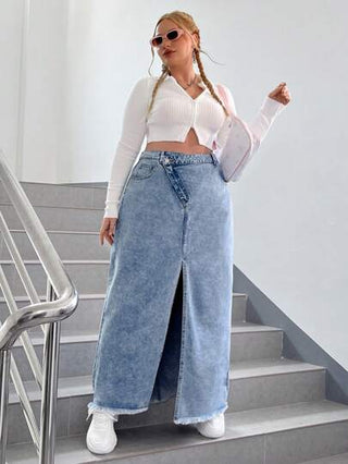 EZwear تنورة دنيم خصر عالي مقلم بخام فتحة للفخذ مقاس كبير