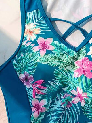 طقم تانكيني حريمي Swim تانكيني بسحاب جانبي بأربطة متشابكة وبطبعة استوائية شاطئية صيفية