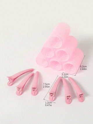 مجموعة 6 قطع لفافات شعر ذاتية التثبيت، لا حاجة للحرارة، مع 6 مشابك شعر، أداة تصفيف الشعر DIY، اكسسوارات باللون الوردي