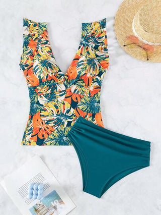 طقم تانكيني حريمي Swim تانكيني بطبعة شاطئية استوائية وتفصيل الرفلة للصيف