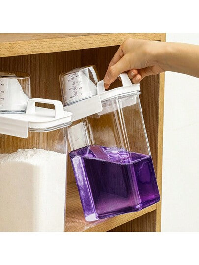 1 قطعة صندوق تخزين مسحوق الغسيل الشفاف المقاوم للرطوبة مع كوب قياس ، حاوية قابلة للغلق لتخزين منظفات الغسيل المختلفة