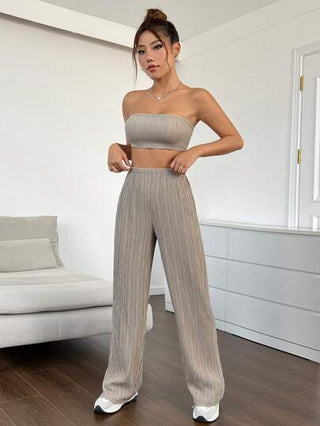 طقم حريمي قطعتين EZwear ملابس علوية أزرار أمامية بلون سادة و توب بحزام قصير و بنطال، ملابس علوية أزرار فضفاض بلون خاكي مع كتف متدلية وحزام للسيدات، ملابس علوية وبنطال طقم لم سيدات، ملابس يومية عصرية للربيع والخريف