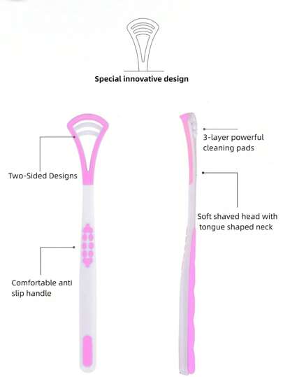 ممسحة لسان واحدة زهرية اللون، أداة صحية فموية محمولة لإزالة رائحة الفم الكريهة وتنظيف اللسان، مع لوحة رأس سيليكونية للخدش