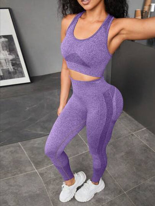 SHEIN Sport Studio بدلة رياضية نسائية خالية من التفاصيل عالية المطاطية تحتوي على سروال رياضي وصدرية رياضية