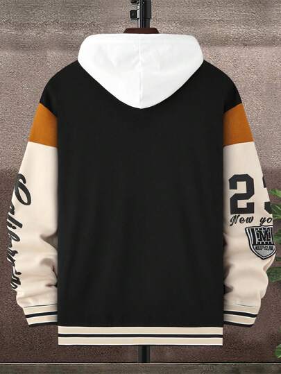 Manfinity Sporsity جاكيت جاكيت رياضي متشابك الألوان بطبعات حرفية فضفاض السعة، بدون كابوت بأكمام طويلة، للخروج مع الأصدقاء