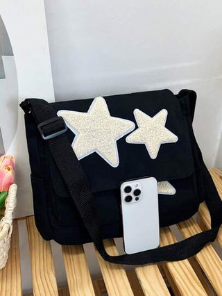 حقيبة كروس من النايلون مطبوعة بنجمة واحدة للمراهقات مع غطاء قلاب وحقيبة حمل ذات سعة كبيرة