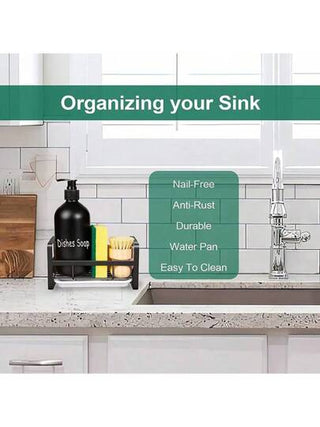 صندوق مزود تنظيم حوض المطبخ ، حامل إسفنج للحوض المضاد للانزلاق لبالمطبخ ، حامل صابون إسفنجي سيليكوني مع صينية تصريف لتجفيف الإسفنجة والفرشاة والصابون