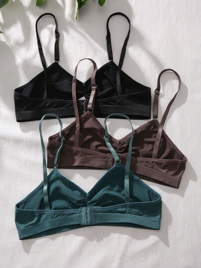 Shein Underwear&Sleepwear Basics حمالة صدر لاسلكية موحدة اللون تجاعيد 3 قطع