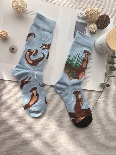 جوارب رجالية متوسطة الساق غير متماثلة بتصميم الثعلب الأوروبي والأمريكي، جوارب رجالية فخمة متجانسة مبتكرة