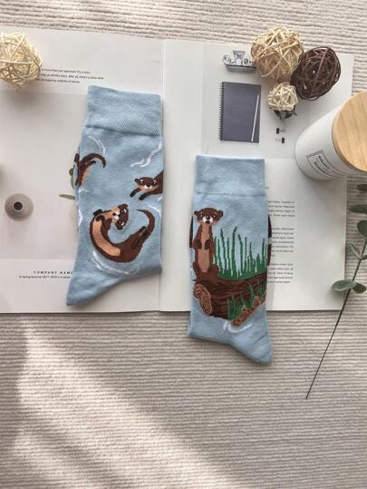 جوارب رجالية متوسطة الساق غير متماثلة بتصميم الثعلب الأوروبي والأمريكي، جوارب رجالية فخمة متجانسة مبتكرة