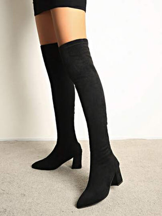 بوت طويلة تصل إلى الفخذ مزودة بسحاب ، مثالية مع فستان أسود ، رأس مدبب وكعب سميك مناسبة للحفلات والعطلات طوال العام ، تناسب الارتداء مع أعلى مشدود