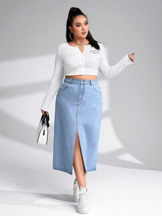 EZwear تنورة دنيم خصر عالي فتحة للفخذ مقاس كبير