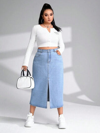EZwear تنورة دنيم خصر عالي فتحة للفخذ مقاس كبير
