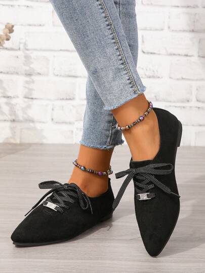 أحذية مسطحة للنساء الموضة اصبع مدبب رباط مريح , أسود مقاس كبير