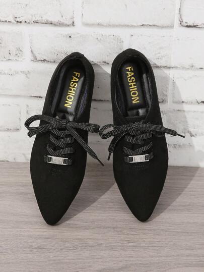 أحذية مسطحة للنساء الموضة اصبع مدبب رباط مريح , أسود مقاس كبير