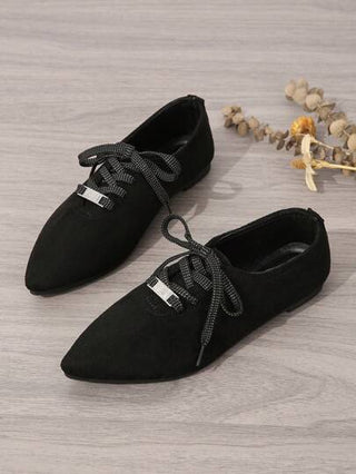 أحذية مسطحة للنساء الموضة اصبع مدبب رباط مريح , أسود مقاس كبير