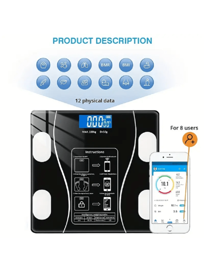 قطعة واحدة ميزان ذكي رقمي لقياس الوزن والدهون، متصل بتطبيق الهاتف الذكي، ميزان BMI، أداة حمام، إكسسوارات صالة الألعاب الرياضية