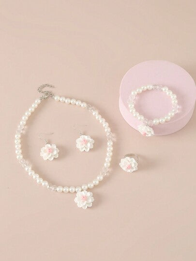5قطع/مجموعة قلادة لؤلؤ بخرزات الزهور، 1سوار، 1خاتم و1زوج من الأقراط للفتيات