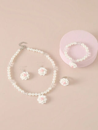 5قطع/مجموعة قلادة لؤلؤ بخرزات الزهور، 1سوار، 1خاتم و1زوج من الأقراط للفتيات
