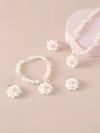 5قطع/مجموعة قلادة لؤلؤ بخرزات الزهور، 1سوار، 1خاتم و1زوج من الأقراط للفتيات