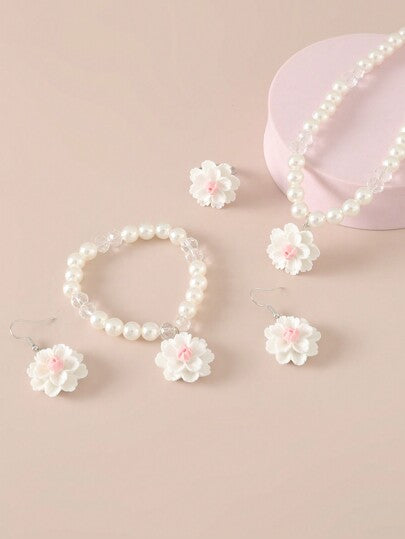 5قطع/مجموعة قلادة لؤلؤ بخرزات الزهور، 1سوار، 1خاتم و1زوج من الأقراط للفتيات