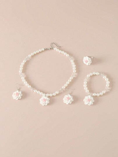 5قطع/مجموعة قلادة لؤلؤ بخرزات الزهور، 1سوار، 1خاتم و1زوج من الأقراط للفتيات