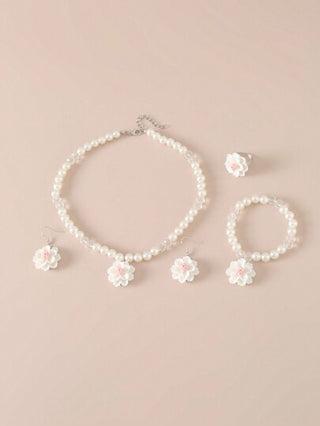 5قطع/مجموعة قلادة لؤلؤ بخرزات الزهور، 1سوار، 1خاتم و1زوج من الأقراط للفتيات