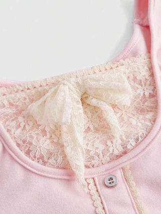 ROMWE Kawaii قميص كونتراست الحريري بأزرار أمامية مع تطريز دانتيل, ملابس المدرسة والرمضان