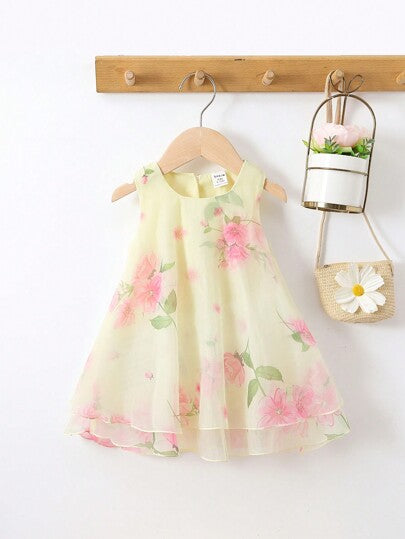 فساتين بيبي ثوب طفلة بنسيج شبكي وطبعات زهرية