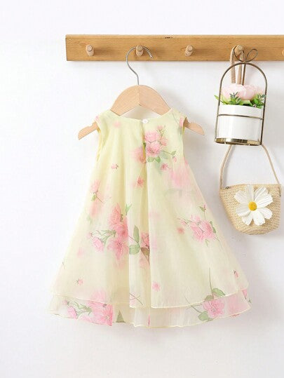 فساتين بيبي ثوب طفلة بنسيج شبكي وطبعات زهرية