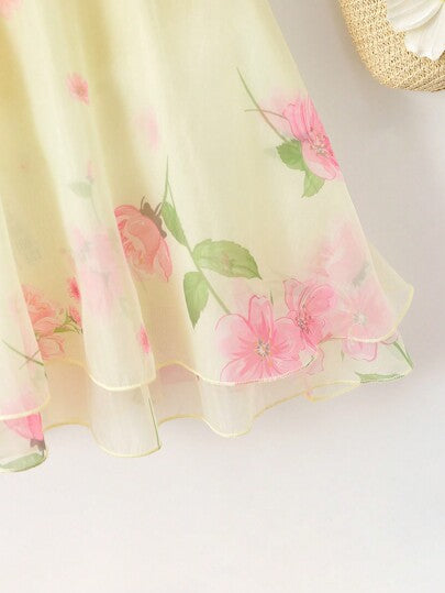 فساتين بيبي ثوب طفلة بنسيج شبكي وطبعات زهرية