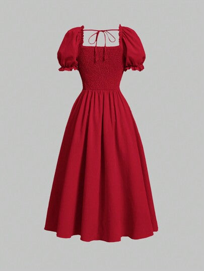 MOD فستان موحدة اللون رباط امامي اكمام منتفخة