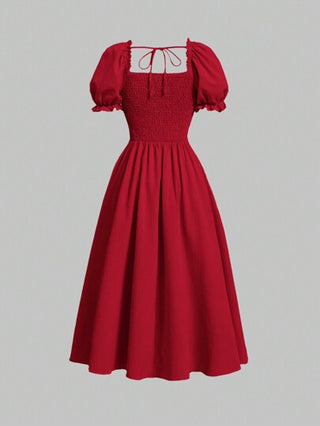 MOD فستان موحدة اللون رباط امامي اكمام منتفخة