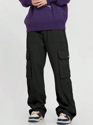 Manfinity Hypemode بنطلون كاجوال رجالي بألوان صلبة وجيوب بطية جانبية وجيوب جانبية