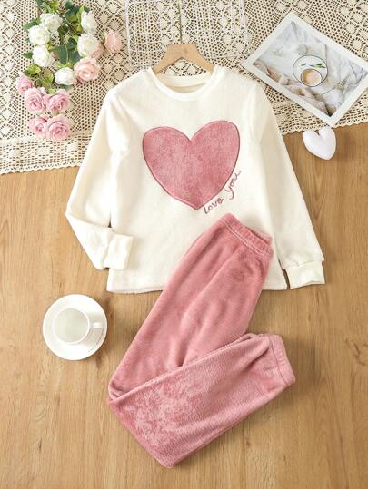 بيجاما بنت طفل قلب & مطرز بحروف فانيلا بلوفر مع بنطلون طقم بيجامة
