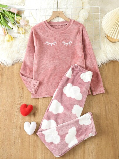 بيجاما بنت طفل رموش عين مطرز فانيلا لباس علوي & بطباعة سحب بنطلون طقم بيجامة