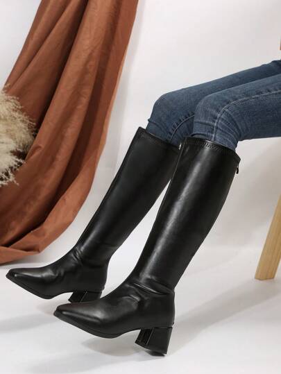 بوت نسائية طويلة الرقبة ذات كعب سميك أسود، بوت طويلة سوداء ذات كعب عالٍ
