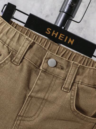 SHEIN سروال جينز كاجوال للأطفال من الجنسين مع جيوب مائلة مخرَّب للأولاد ،بنطلون كاجوال بني، وبنطلون خاكي للأولاد، ملابس أطفال بنطلونات للأولاد