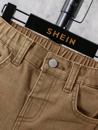 SHEIN سروال جينز كاجوال للأطفال من الجنسين مع جيوب مائلة مخرَّب للأولاد ،بنطلون كاجوال بني، وبنطلون خاكي للأولاد، ملابس أطفال بنطلونات للأولاد