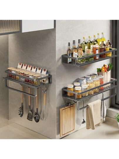 حامل تخزين مطبخ متعدد الوظائف، حامل بهارات، منظم رف جداري يتضمن قدر , مغرفة, خطاف وشماعة للمناشف لتخزين المطبخ / الحمام