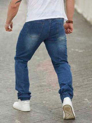 Manfinity Homme بنطال جينز رجالي ذو خصر مشدود بسحاب، أزرق داكن ضيق مستقيم، غسيل داكن طويل، جينز كاجوال له جيوب ، هدية للزوج والحبيب
