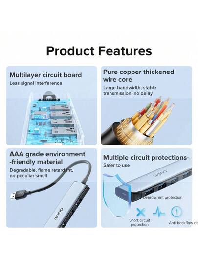 موزع Usb 3.0 بـ4منافذ من لانو لطابعة وماوس ولوحة مفاتيح وفلاشة ومنفذ Usb C بمجموع 4 منافذ Usb 3.0