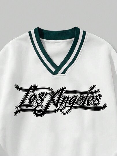 ROMWE MEN Prep بلوزة كرة السلة الحرارية مع شريط مزخرف بحرف الرجال والخطوط المخططة، مدرسي