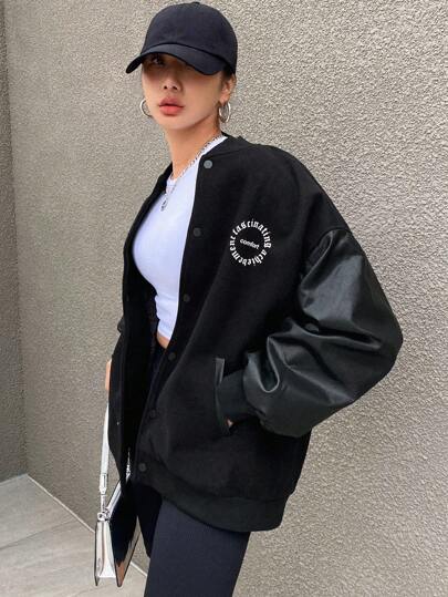 DAZY جاكيت قبضة المعطف بطبعة شعار، جاكيت نسائية كاجوال أفخر لليل المعتدل مع ياقة البيسبول، أسود فضفاض بجيوب وأزرار، لارتداء اليومي الكاجوال