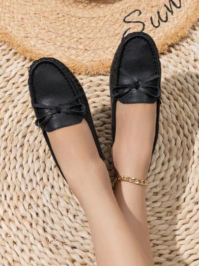 حذاء عمل عارض نسائي مسطح ، إصبع حذاء دائري، أسود اللون، مناسب للفصول الأربعة والقيادة