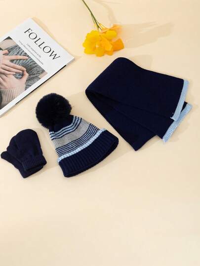3 قطع طقم قبعة وشال وقفازات دافئة للأطفال للخريف والشتاء ، قبعة مضلعة مبطنة حرارية ، شال وقفازات كاملة الأصابع، مناسبة للأنشطة اليومية الخارجية