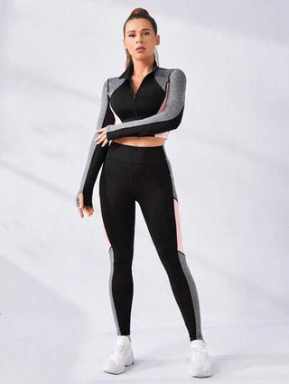 SHEIN Sport Studio طقم ملابس رياضية مكون من بلوزة رياضية نصف سحاب متطرف اللون والسروال الرياضي، طقم رياضة للنساء