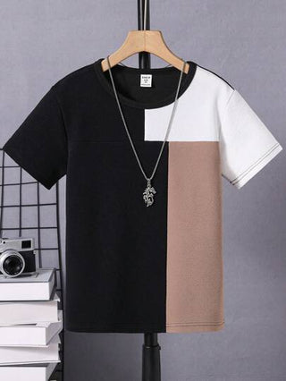 SHEIN تيشيرت بياقة دائرية وأكمام قصيرة للأولاد، تصميم رقعي أنيق، كاجوال، متعدد الاستخدامات، مريح وبسيط